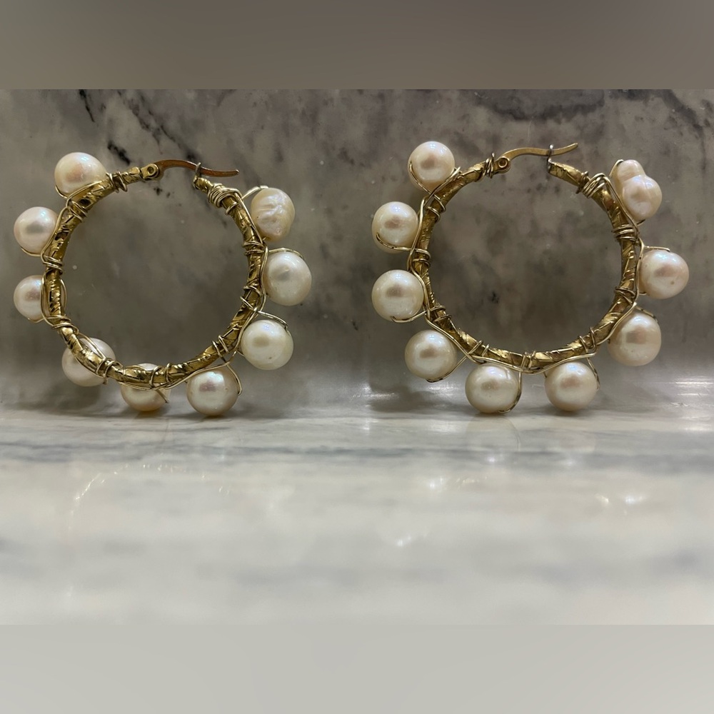Handmade Pearl Hoop Earrings Gold Tone Artisan Wire Wrapped Statement Jewelry - Picture 10 of 14